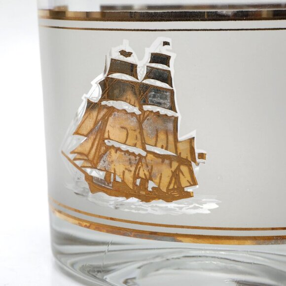Vintage Nautical Frosted Glass Ice Bucket Ship Gold Clear France  Culver MCM - Picture 4 of 10